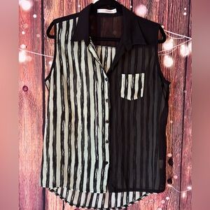 Today’s Designer Striped Black Sheer and Green Sleeveless Blouse